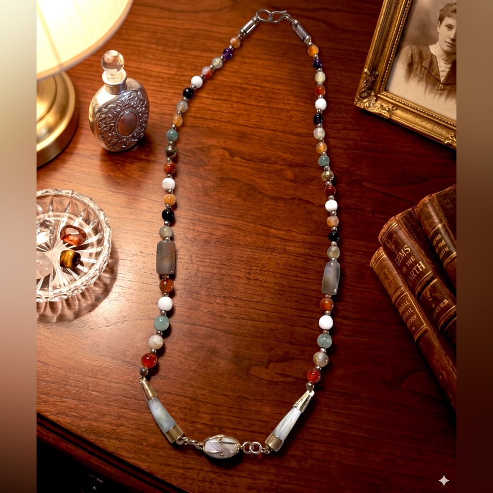 Vintage 70s Handmade Artisan Stone and glass Necklace Shepherd’s Hook Clasp - Picture 4 of 9